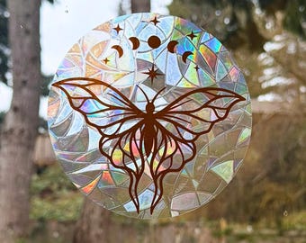 Celestial Moth Rainbow Window Cling | Moon Phase Prism Sun Catcher