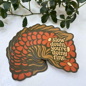 May include: A stack of die-cut stickers featuring a dark green background with orange flowers and wavy tan lines. The text on the stickers reads, "slow down, you're doing fine." The stickers have a matte finish and are arranged in a fan shape.