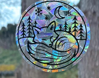 Sleepy Fox Rainbow Window Cling | Prism Sun Catcher | Winter Forest Decor