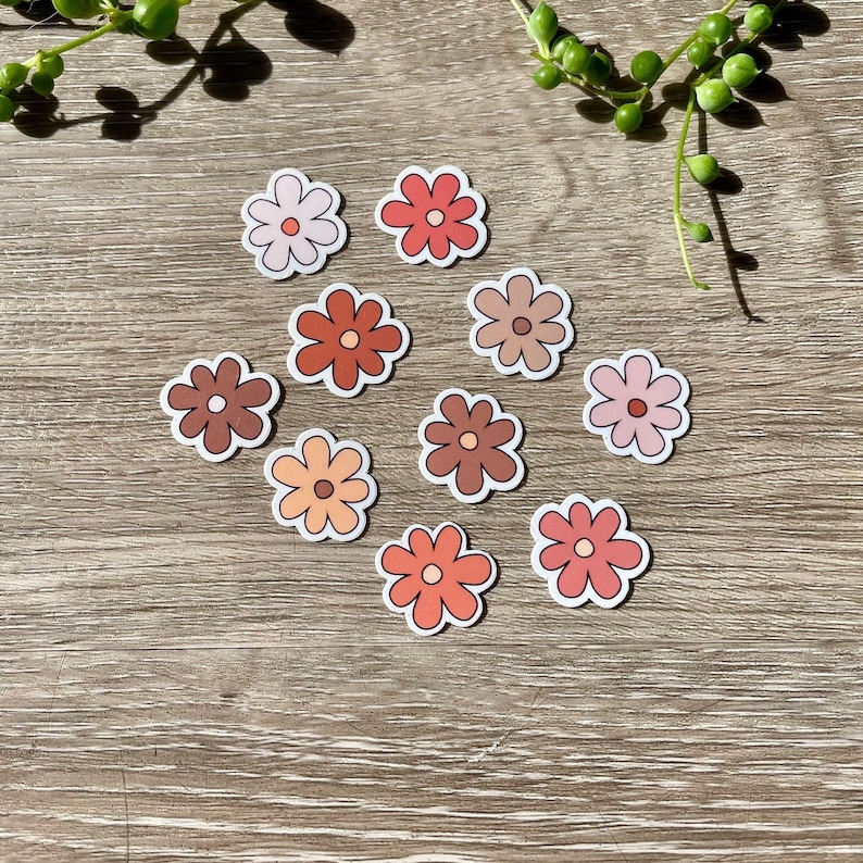 Peut inclure: Dix autocollants de fleurs dans diff&eacute;rentes nuances de rose, orange et marron. Les autocollants sont dispos&eacute;s en cercle sur une surface en bois.