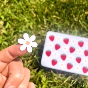 May include: A white daisy sticker with a yellow centre, placed on a finger. The sticker is next to a sheet of stickers with a repeating pattern of red strawberries on a white background.