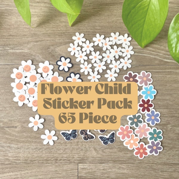 65 Tiny Flower Stickers, Mini Waterproof Luggage Stickers, Kindle Stickers, Tiny Stickers - Sticker Pack, Flower Child