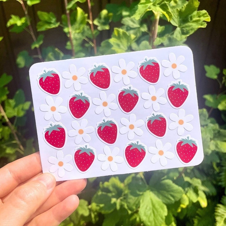 24 mini daisy flower and strawberry waterproof stickers on a sticker sheet. Each sticker approx .85"