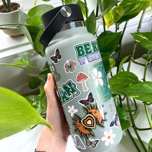 May include: A light green water bottle with a black handle and lid, covered in stickers. The stickers include butterflies, flowers, and the text "BE KIND TO EVERYONE". The bottle is surrounded by green plants.