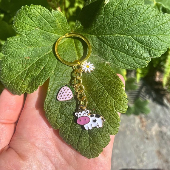 Strawberry Mini Cow and Daisy Gold and Pink Keychain, Cute