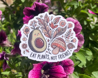 Eat Plants Not Friends Sticker, Vegan Gift, Boho Mushroom and Avocado,  Waterproof Animal Lovers Gift, Laptop Sticker, Water Bottle Sticker
