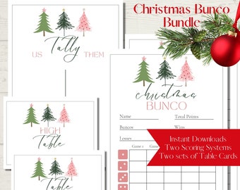 Christmas Bunco Pink Christmas Tree Printable Bunco Score Sheet Bundle - Score Cards, Tally Sheets and Table Numbers