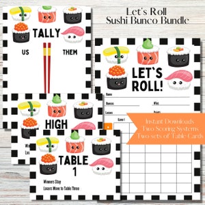 May include: Printable game cards for a sushi-themed bunco game. The cards feature cute cartoon sushi rolls with different fillings. The cards include instructions for playing the game, a tally sheet, and a table card. The game is called "Let's Roll Sushi Bunco Bundle".