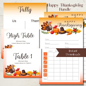 Happy Thanksgiving Turkey Printable Bunco Score Sheet Bundle - Score Cards, Tally Sheets and Table Numbers