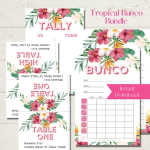 Bunco-bundel met tropische bloemen Luau afdrukbare bundel - scorekaarten, bladwijzers en tafelnummers