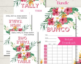 Tropical Flowers Luau Printable Bunco Score Sheet Bundle - Score Cards, Tally Sheets and Table Numbers