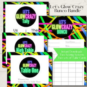 Let's Glow Crazy Bunco Glow Party Party Printable Bunco Score Sheet Bundle - Score Karten, Tally Sheets und Tischnummern