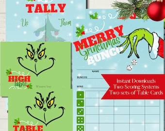 Merry Grinchmas Printable Bunco Score Sheet Bundle - Score Cards, Tally Sheets and Table Numbers