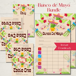 Lot de feuilles de pointage Bunco de Mayo imprimables Cinco de Mayo Bunco - Cartes de pointage, feuilles de pointage et numéros de table