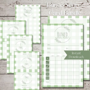 Lot de cartes de pointage Bunco imprimables à carreaux verts et blancs de style campagnard - Feuilles de pointage, feuilles de pointage et numéros de table