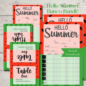 Hello Summer Watermelon Printable Bunco Score Sheet Bundle - Score Cards, Tally Sheets and Table Numbers