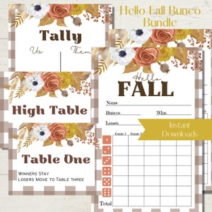 Hello Fall Floral Printable Bunco Score Sheet Bundle - Score Cards, Tally Sheets and Table Numbers