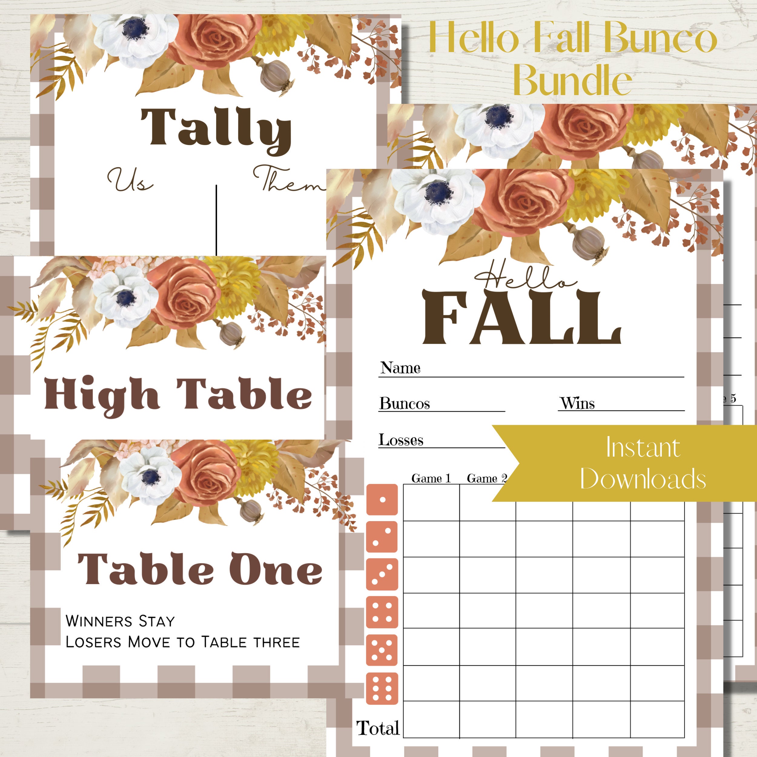 Hello Fall Floral Printable Bunco Score Sheet Bundle - Score Cards ...