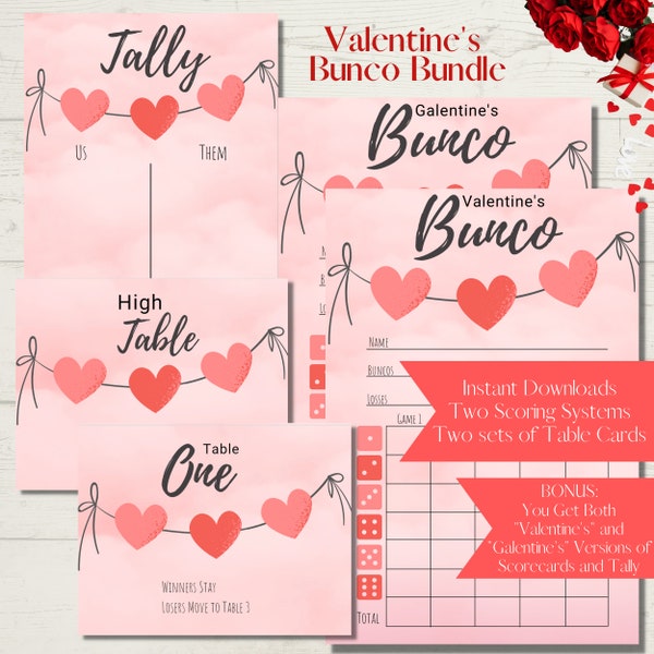 Valentine's Galentine's Hearts on a Ribbon Printable Bunco Score Sheet Bundle - Score Cards, Tally Sheets and Table Numbers