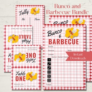 Pacote de folhas de pontuação Bunco para impressão Bunco e churrasco - cartões de pontuação, folhas de registro e números de mesa