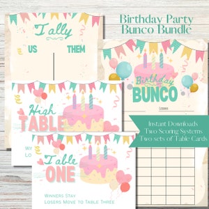 Birthday Party Birthday Cake Printable Bunco Score Sheet Bundle - Score Cards, Tally Sheets and Table Numbers