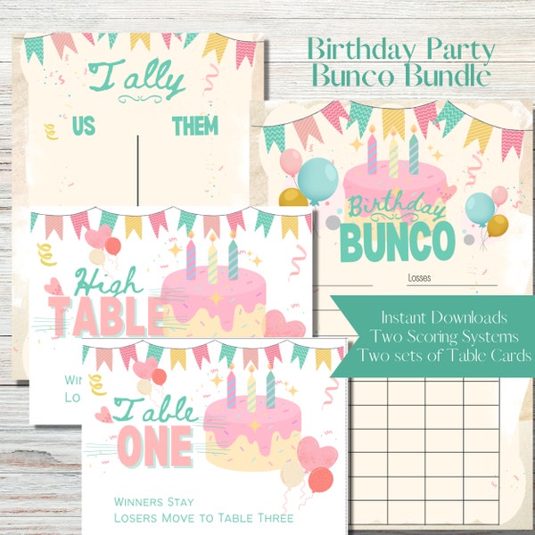 Birthday Party Birthday Cake Printable Bunco Score Sheet Bundle - Score Cards, Tally Sheets and Table Numbers