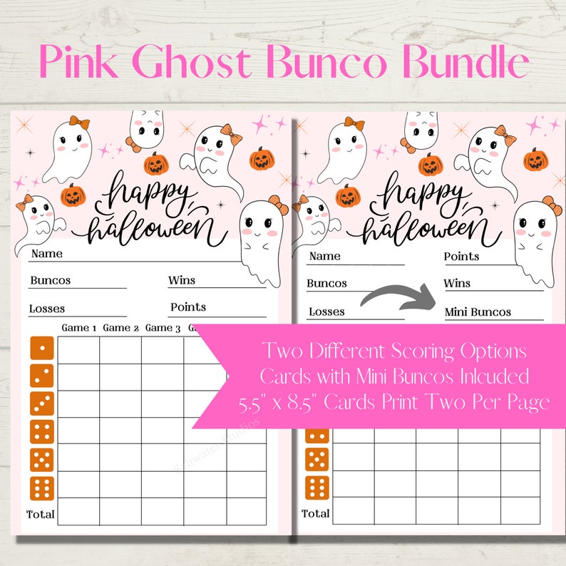 Cute Pink Ghost Happy Halloween Printable Bunco Score Sheet Bundle ...
