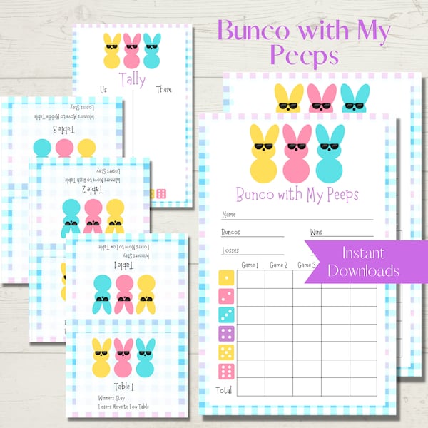 Bunco with My Peeps  - Bunco Score Sheet Bundle - Score Cards, Tally Sheets and Table Numbers