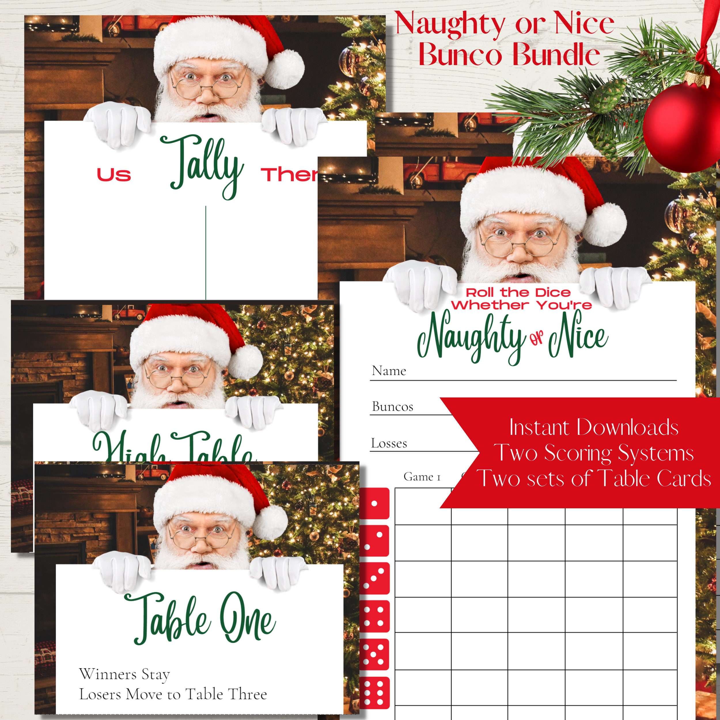 Naughty or Nice Santa's List Printable Bunco Score Sheet Bundle Score Cards, Tally Sheets and ...