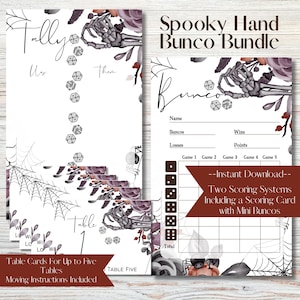 May include: Printable spooky hand bunco game bundle with a scorecard, table cards, and instructions. The design features a skeleton hand holding dice, spiderwebs, and floral elements in shades of purple, gray, and white.