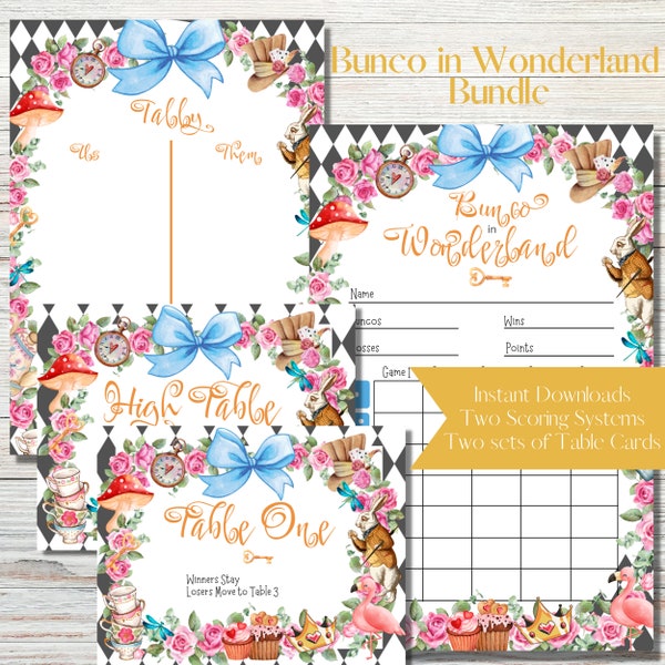Bunco in Wonderland Printable Bunco Score Sheet Bundle - Score Cards, Tally Sheets and Table Numbers