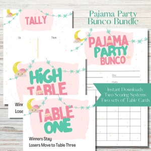 Pajama Party Printable Bunco Score Sheet Bundle - Score Cards, Tally Sheets and Table Numbers