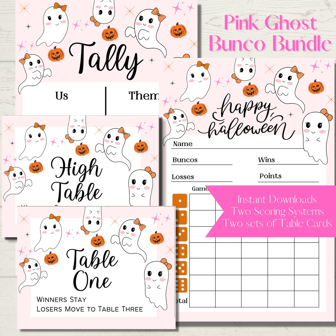 Cute Pink Ghost Happy Halloween Printable Bunco Score Sheet Bundle ...