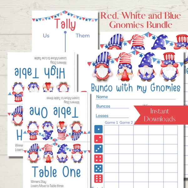 Red, White and Blue "Bunco with my Gnomies" Printable Bunco Score Sheet Bundle - Score Cards, Tally Sheets and Table Numbers