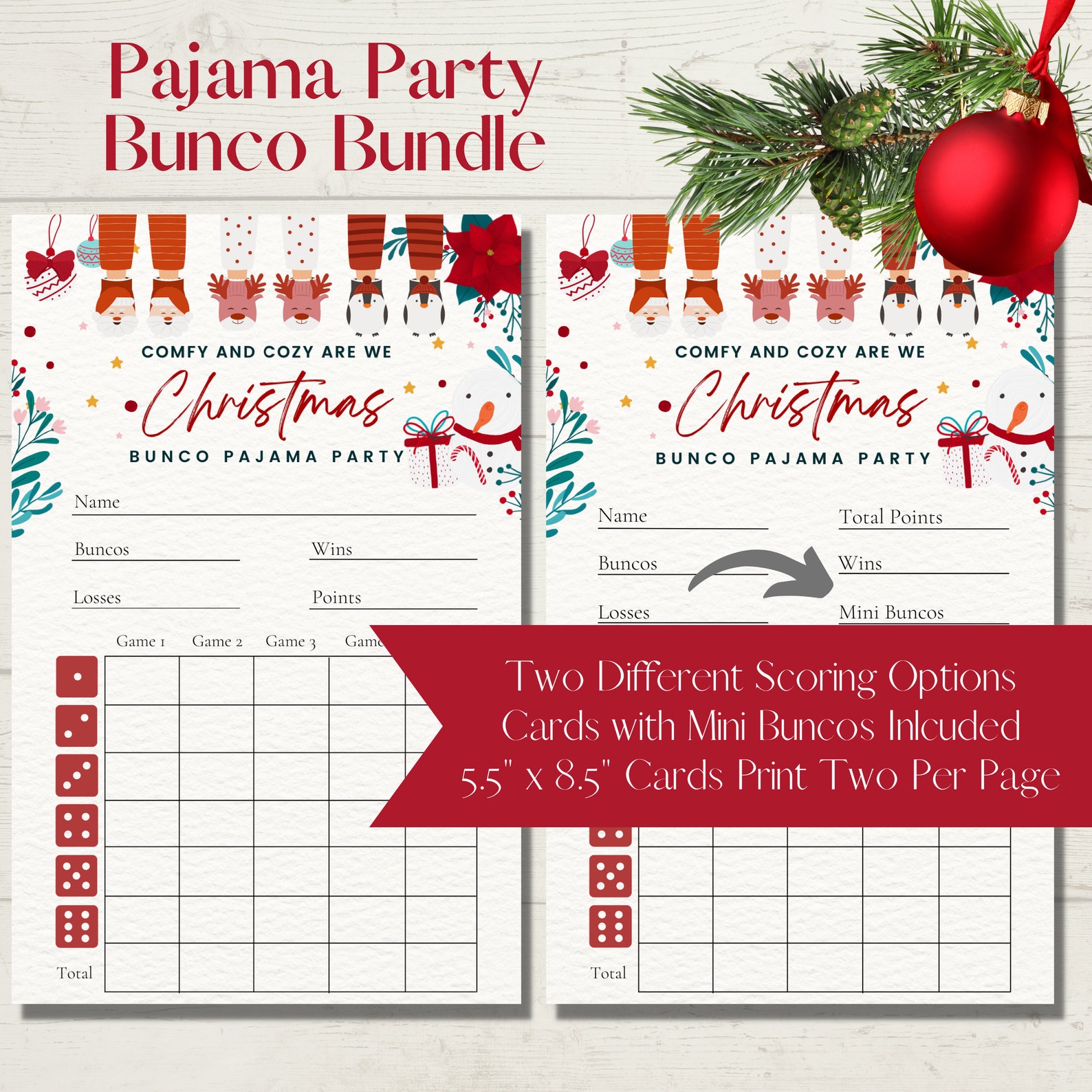 Christmas Pajama Party Printable Bunco Score Sheet Bundle - Score Cards ...