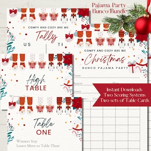 Bunco-bundel met afdrukbare kerstpyjamafeest - scorekaarten, notitieblaadjes en tafelnummers