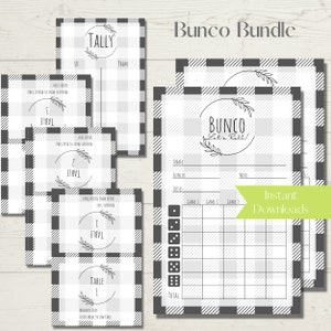 Lot de feuilles de pointage Bunco imprimables Buffalo Check style campagnard - Cartes de pointage, feuilles de pointage et numéros de table