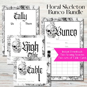 Bunco Score Sheet Bundle zum Ausdrucken - Floraler Totenkopf Halloween Skelett Punktekarten, Tally Sheets und Tischnummern