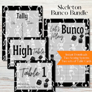 Skeleton Halloween Printable Bunco Score Sheet Bundle - Score Cards, Tally Sheets and Table Numbers