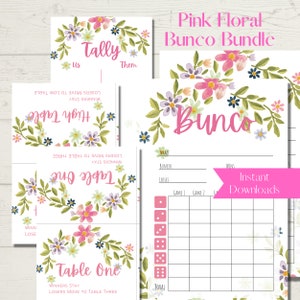 Lot de feuilles de pointage Bunco imprimables florales roses - Cartes de pointage, feuilles de pointage et numéros de tableau
