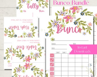 Pink Floral Printable Bunco Score Sheet Bundle - Score Cards, Tally Sheets and Table Numbers