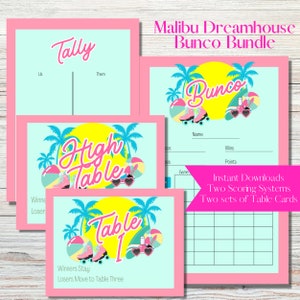 Barbie Bunco Theme Malibu Dreamhouse Pink and Turquoise Printable Bunco Score Sheet Bundle - Score Cards, Tally Sheets and Table Numbers