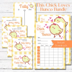 Puede incluir: Cartas de juego imprimibles y hoja de puntuación para una fiesta "This Chick Loves Bunco". Las cartas presentan un pollito amarillo con un lazo rosa y corazones. La hoja de puntuación tiene un fondo a cuadros amarillo y blanco.