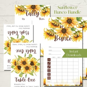 Lot de feuilles de pointage Bunco imprimables tournesol - Cartes de pointage, feuilles de pointage et numéros de tableau