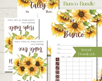 Sunflower Printable Bunco Score Sheet Bundle - Score Cards, Tally Sheets and Table Numbers
