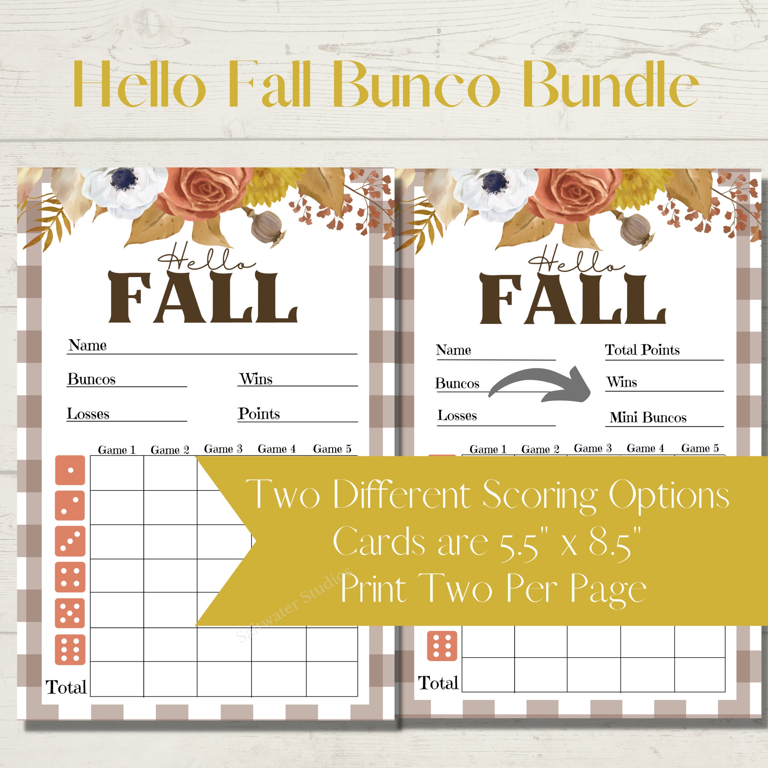 Hello Fall Floral Printable Bunco Score Sheet Bundle - Score Cards ...