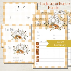 Thankful for Bunco Thanksgiving lot de feuilles de pointage Bunco imprimables - cartes de pointage, feuilles de pointage et numéros de tableau