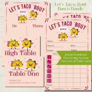May include: A printable game set for a "Let's Taco 'Bout Bunco" party. The set includes a pink and green scorecard with a cartoon taco graphic, a pink and green table card with a cartoon taco graphic, and instructions for the game. The game is designed for a group of people to play and includes a scoring system.