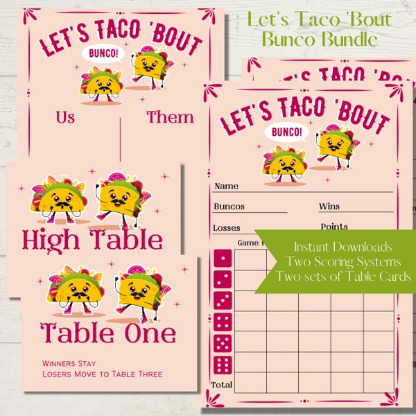 Let's Taco 'Bout Printable Bunco Score Sheet Bundle - Score Cards, Tally Sheets and Table Numbers