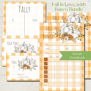 Pumpkin with Orange Plaid - &quot;Fall&quot; in Love with Bunco - Printable Bunco Score Sheet Bundle - Score Cards, Tally Sheets and Table Numbers